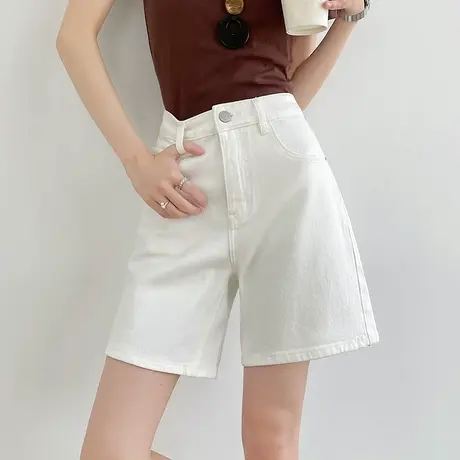 白色五分牛仔短裤女2025夏季薄款高腰显瘦百搭休闲宽松阔腿热裤子商品大图