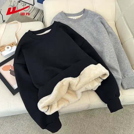 ZH回力加绒加厚羊羔绒圆领卫衣女秋冬灰色外套头小个子纯色上衣商品大图