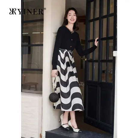 YINER音儿秋季绵羊毛桑蚕丝撞色黑白波浪花瓣半身裙商品大图