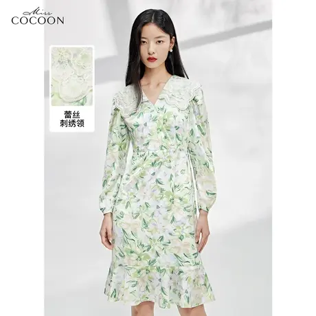 miss cocoon法式娃娃领连衣裙女2023新款春季长袖V领显瘦鱼尾裙子商品大图