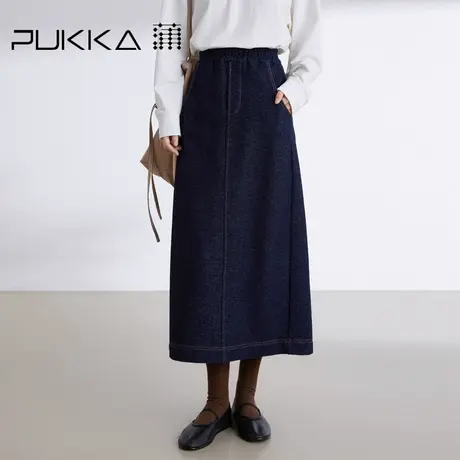 蒲PUKKA 牛仔蓝半身裙女2024春装新款中长款通勤百搭A字裙商品大图