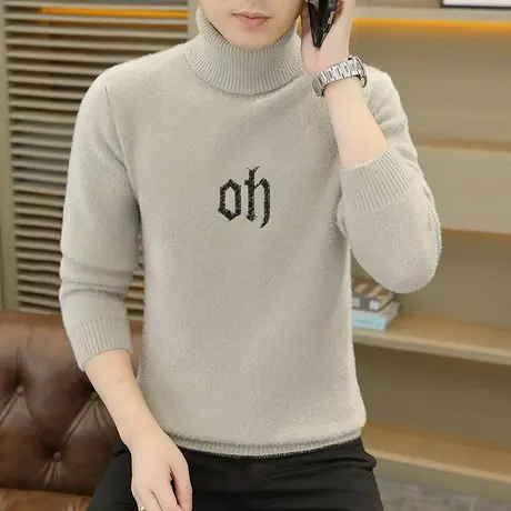 2023秋冬新款男士可翻高领毛衣仿貂绒针织衫加厚毛线衣个性打底衫图片