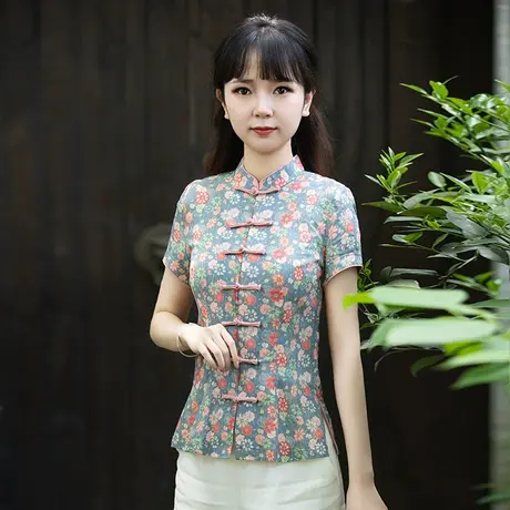 筠雅唐装女中国风夏季短袖改良旗袍盘扣上衣年轻款中式禅意女装商品大图