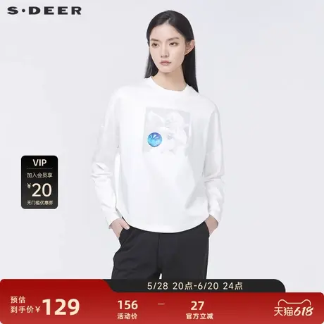 S·DEER圣迪奥女装简约圆领撞色印花落肩袖T恤S22180216图片