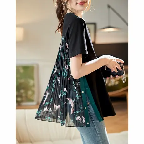 宝诗黎圆领雪纺拼接短袖T恤2025夏季设计感百褶印花开叉休闲上衣图片