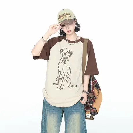 2025夏季新款撞色插肩袖斑点狗印花短袖T恤女美式街头风宽松上衣图片