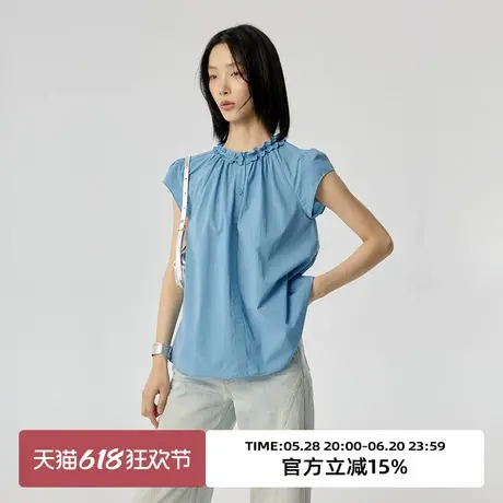 omont蛋挞家 复古小飞袖木耳边短袖衬衫夏季蓝色宽松显瘦上衣图片