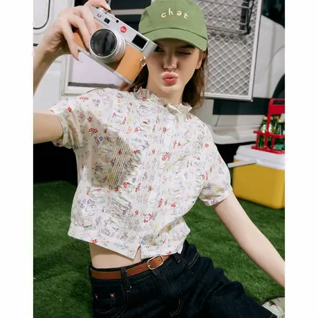 a02【100%棉】手工抽褶碎花小衫重工打条压褶女式衬衫图片