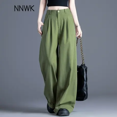 天丝棉裤子女绿色翻边直筒休闲裤2025新款高腰阔腿裤垂感夏季薄款商品大图