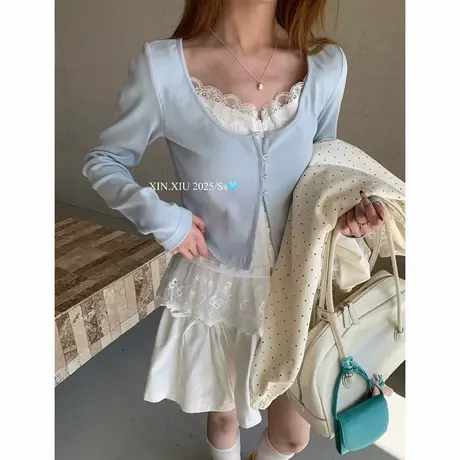 韩系蕾丝边假两件设计感长袖撞色t恤衫女2025春季新款打底衫上衣图片