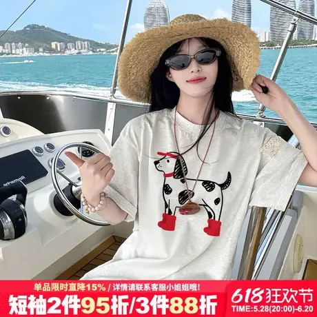2025夏季新款花灰色短袖女t恤超火ins风斑点狗印花重磅半袖上衣潮商品大图