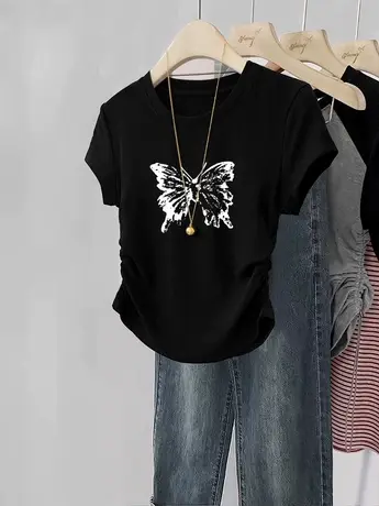 大码复古短袖女t恤夏辣妹穿搭褶皱收腰小飞袖ins短款修身百搭上衣商品大图