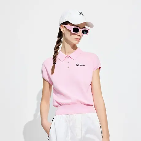 可可尼COCOON 商场同款夏季撞色绣标学院风粉色简洁连肩袖polo衫商品大图