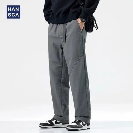 清仓特卖hansca秋季美式休闲裤男宽松编织腰带工装直筒拼接长裤子商品大图