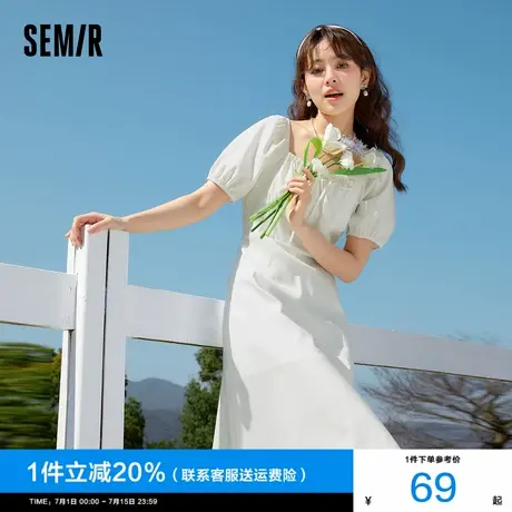 森马连衣裙女2025夏季新款镂空开叉绿色小心机法式方领泡泡袖裙子图片