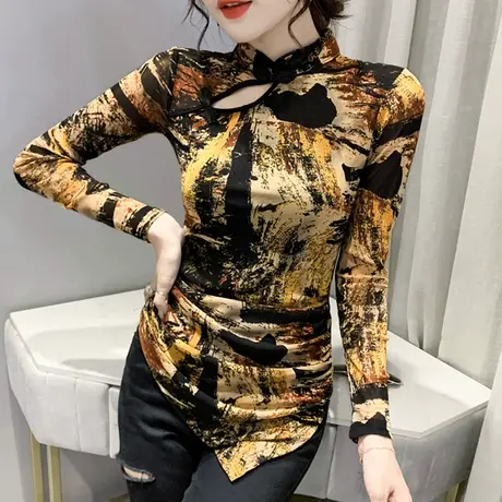 复古盘扣上衣设计感小众不规则镂空T恤紧身加绒打底衫女长袖春秋商品大图