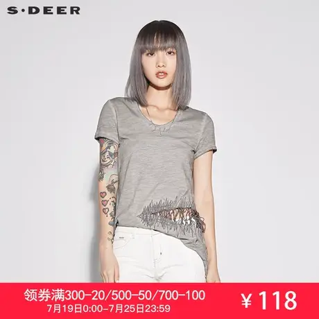 sdeer圣迪奥2019夏装女潮休闲简约线迹镂空绣线斜摆T恤S17280139图片