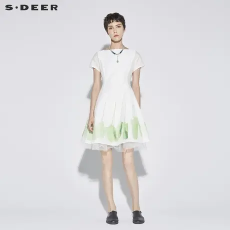sdeer圣迪奥女甜美清新圆领晕染印花收腰纱质大摆连衣裙S18281285图片