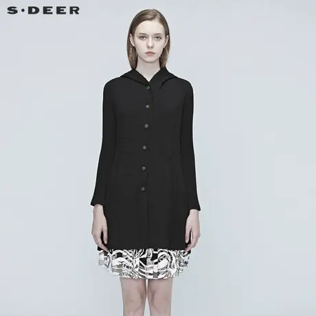 sdeer圣迪奥春装女装黑色肌理拼接连帽中长款长袖外套S20382212图片