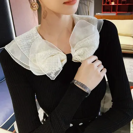 粉红大布娃娃气质甜美显瘦长袖打底衫蕾丝拼接蝴蝶结针织衫女春图片