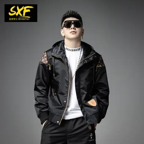 SXF圣希梵男士外套 2024春季新款潮牌拼接连帽上衣服休闲男士夹克商品大图