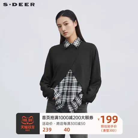 sdeer圣迪奥女装秋季休闲格纹不规则针织长袖衬衫套装S223Z1430图片