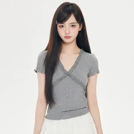 尔给t恤2024新款显瘦遮肉短袖小众掐腰设计感短款木耳边上衣女夏图片