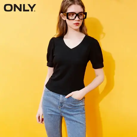 ONLY奥莱春季时尚简约纯色V领短款泡泡袖T恤女图片
