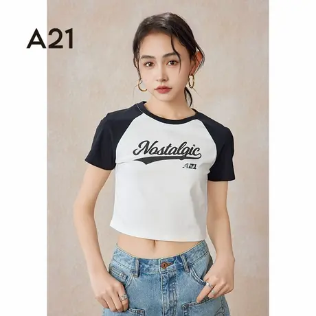 A21女装针织修身圆领插肩短袖T恤美式拼色学院风复古短款上衣女生商品大图