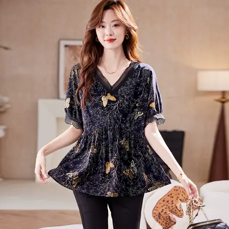 宝诗黎V领蕾丝印花雪纺衫2025新款洋气减龄百搭夏季休闲短袖小衫图片