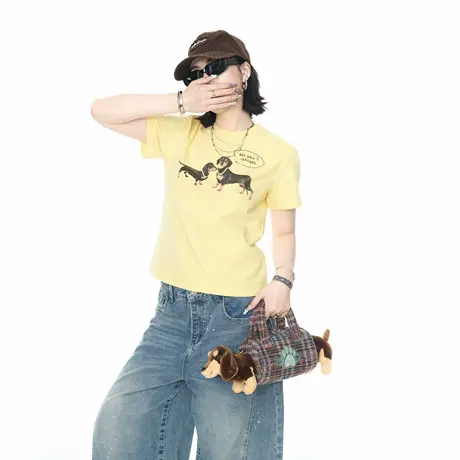 2025夏季新款正肩短袖T恤女创意印花美式辣妹风修身短款半袖上衣图片