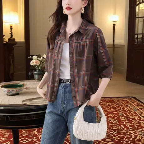 七分袖格子衬衣女宽松遮肚子上衣夏装短袖衬衫薄款短外套漂亮小衫商品大图