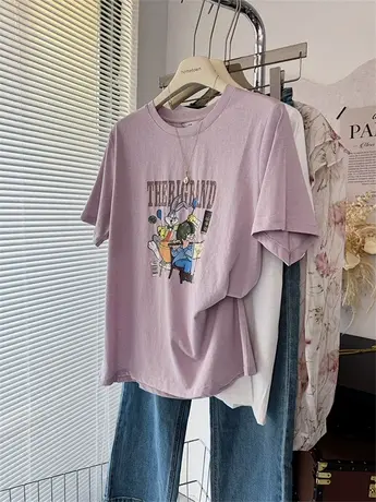 凉爽复古欧美卡通印花雪花棉短袖T恤女薄 兔八哥紫色白色体恤上衣商品大图