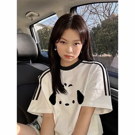 超火cec插肩短袖T恤女夏季韩版百搭宽松显瘦条纹卡通印花半袖上衣商品大图