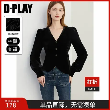 DPLAY2025春季新款衬衣黑色T恤女丝绒衬衫泡泡袖气质上衣长袖商品大图