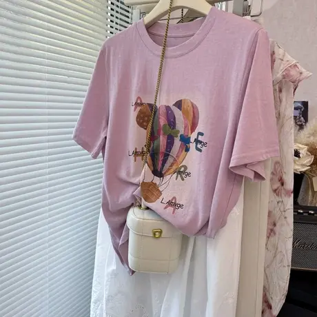 青春减龄凉爽卡通热气球印花正肩雪花棉短袖T恤女薄 粉色蓝色体恤图片