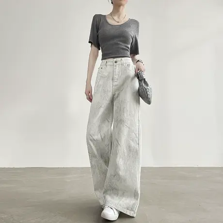 美式扎染做旧脏脏牛仔裤女春秋新款高腰复古宽松显瘦直筒阔腿长裤商品大图