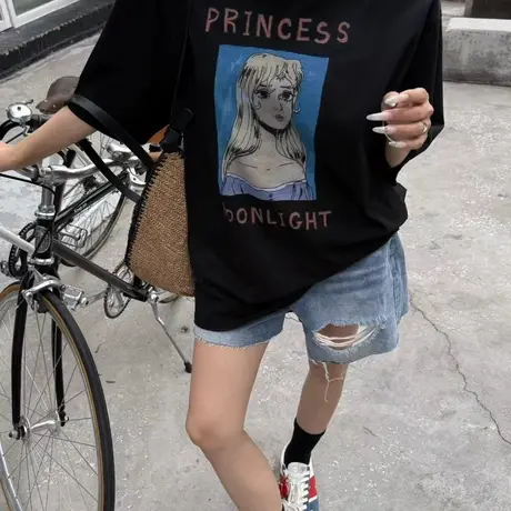 韩国东大门夏季新款时尚美式宽松垫肩字母卡通印花短袖T恤女上衣商品大图