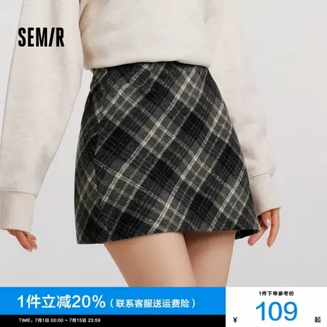 [商场同款]森马半身裙女格纹复古文艺气质2024冬新款A字短裙俏皮商品大图