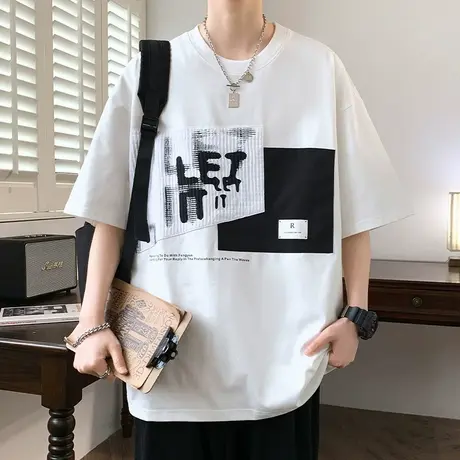 短袖男潮牌潮流个性拼接五分半袖男生夏季新款圆领宽松t恤上衣服图片