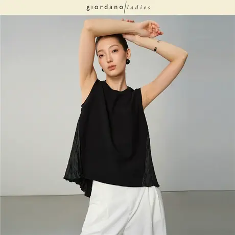 GL2025夏季新款无袖衬衫女时尚拼接压褶设计感圆领背心女02345014图片