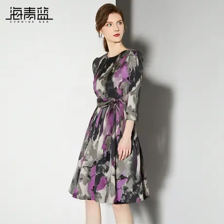 海青蓝高级感气质水墨印花连衣裙2024春秋新款系带收腰显瘦A字裙商品大图