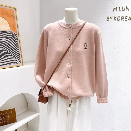 韩代款粉黄色开衫外套~ins软糯奶fufu毛衣秋冬针织衫宽松微胖遮肉图片