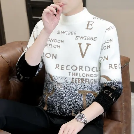 2023冬季男士半高领毛衣加厚保暖针织衫个性线衣打底衫冬装上衣服商品大图