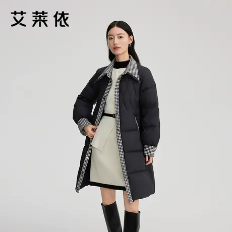 艾莱依新款羽绒服小香风收腰大衣百搭简约时尚保暖千鸟格拼接外套商品大图