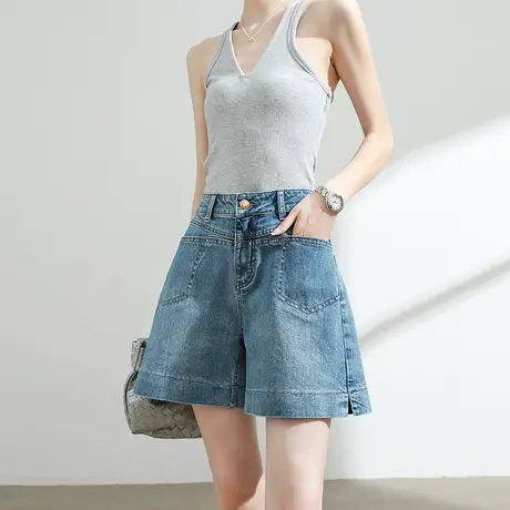 复古蓝色牛仔短裤女夏季薄款高腰宽松显瘦口袋开叉三分a字阔腿裤商品大图