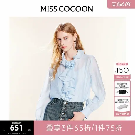 可可尼cocoon气质宫廷风衬衫女2025夏季新款白色长袖蕾丝雪纺上衣商品大图