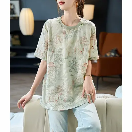 宝诗黎圆领刺绣短袖雪纺衫女2025夏季气质国风新中式百搭休闲上衣商品大图
