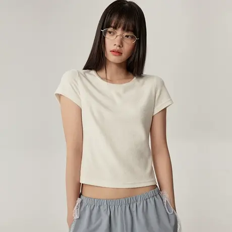 omont蛋挞家纯色圆领百搭短袖T恤2025春正肩显瘦纯色基础半袖上衣图片