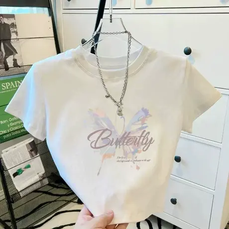 短款韩系蝴蝶印花上衣2025年夏季新款甜辣风修身设计感短袖小衫in图片